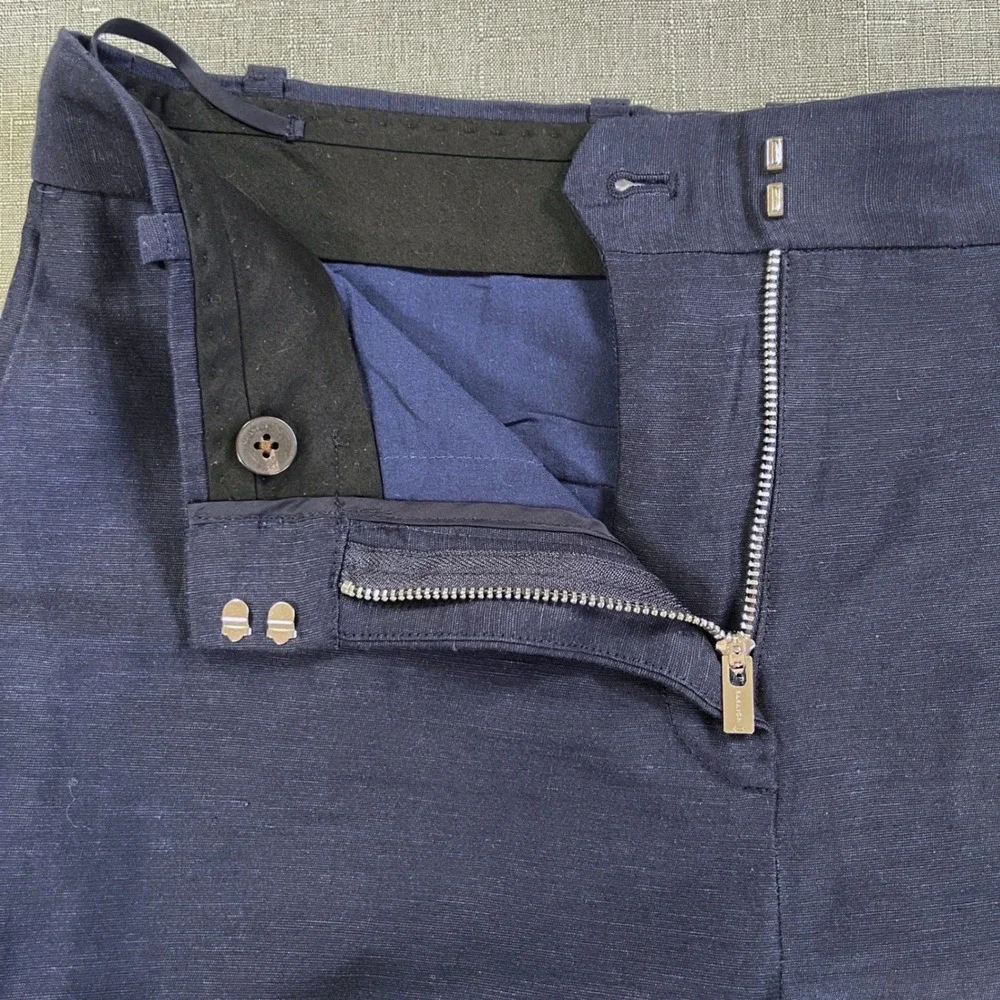 Babaton Agency Linen Cropped High Rise Straight Leg Pant Womens 2 Navy Blue $148